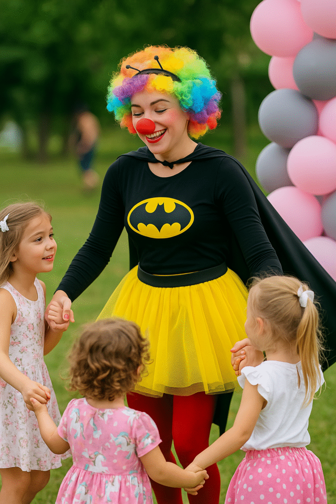 Süper Kahraman Palyaço etkinliği Siyah pelerinli ve sarı etekli kadın palyaço, açık alanda üç küçük çocukla el ele oyun oynarken gülümsüyor; arka planda pembe ve gri balon süslemeler yer alıyor.