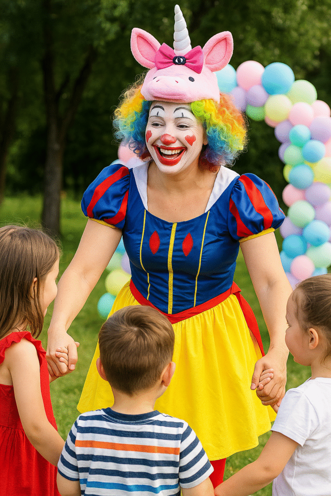 Pamuk Prenses kostümlü palyaço çocuklarla etkinlikte Mavi ve sarı Pamuk Prenses elbisesi giyen kadın palyaço, açık alanda üç çocukla el ele oyun oynarken gülümsüyor; arka planda pastel renkli balon süslemeler yer alıyor.