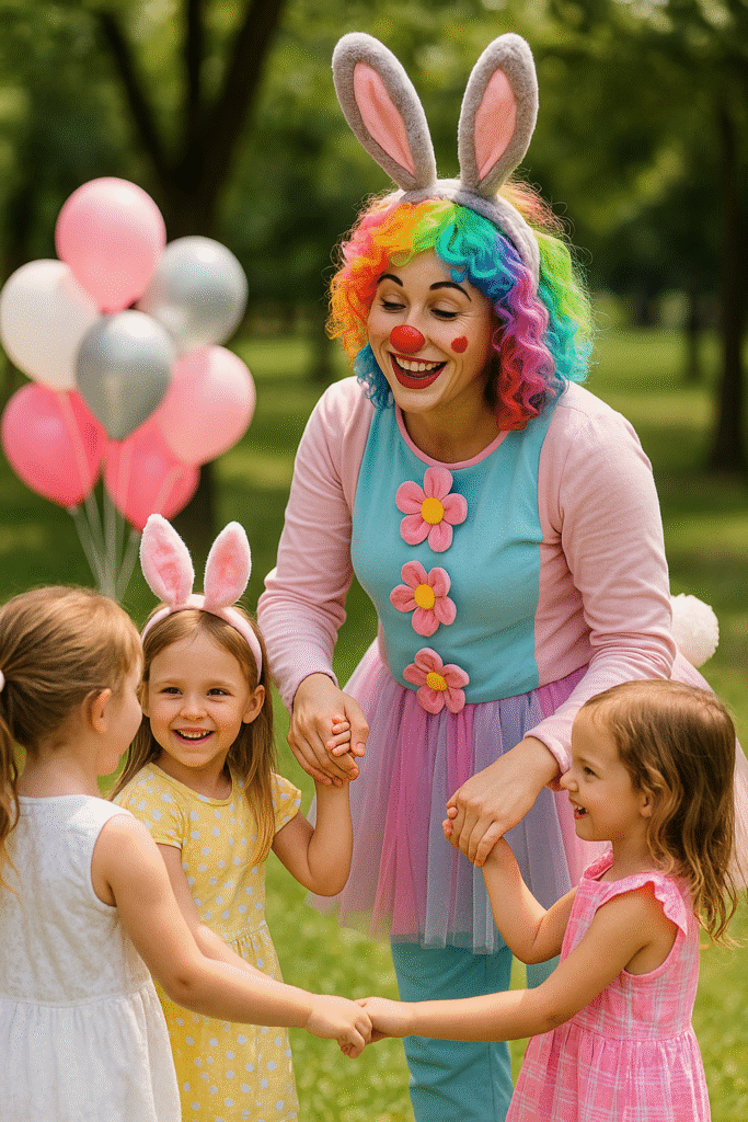 Tavşan kostümlü palyaço çocuklarla etkinlikte Renkli peruklu ve tavşan kulaklı kadın palyaço, açık alanda üç küçük kızla el ele oyun oynarken gülümsüyor; arka planda pembe ve gri balonlar yer alıyor.