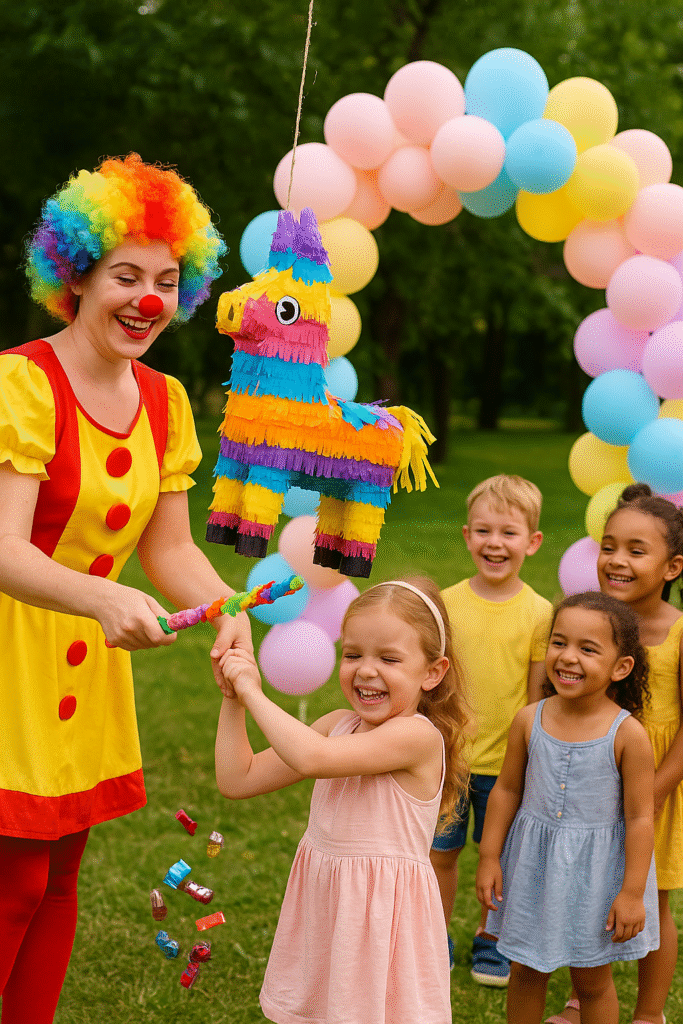 Ücretsiz Pinyata Etkinliği – Tatlı Sürprizler! Renkli peruklu kadın palyaço, açık alanda çocuklarla birlikte gökkuşağı renkli pinyata kırarken gülümsüyor; etrafta pastel balonlar ve dökülen şekerler görülüyor.