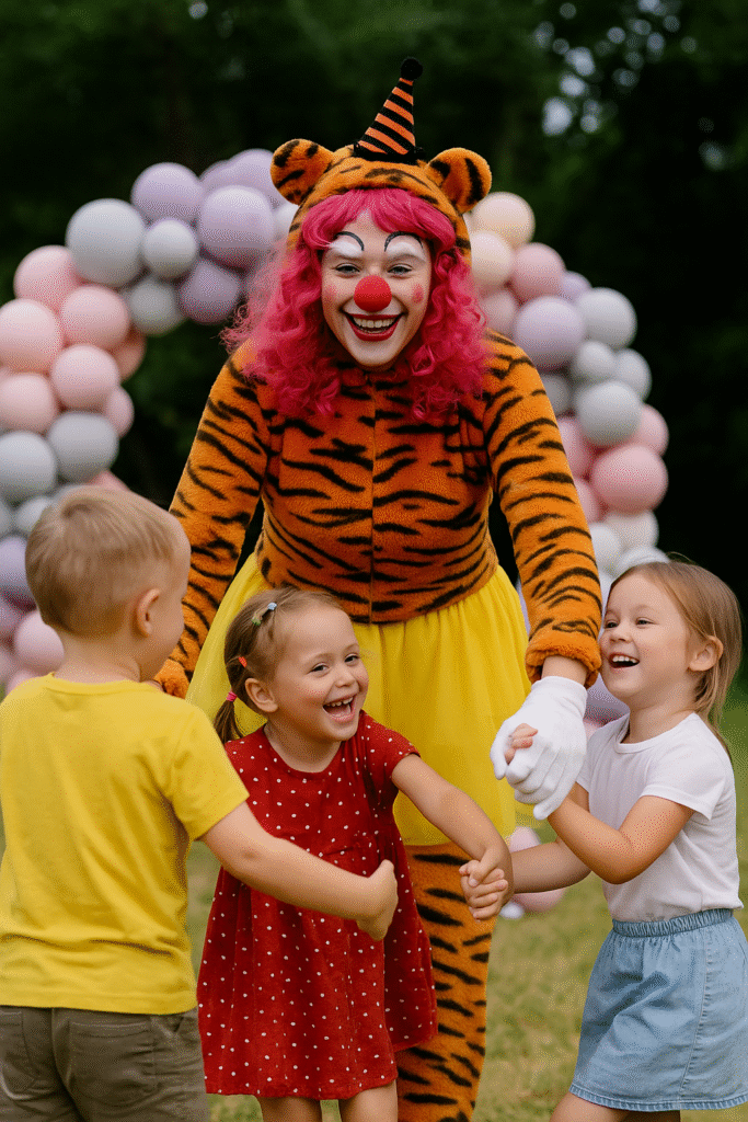 Kaplan kostümlü palyaço çocuklarla etkinlikte Turuncu–siyah çizgili kaplan kostümü giyen kadın palyaço, açık alanda üç çocukla el ele oyun oynarken gülüyor; arka planda pastel renkli balon kemeri ve yeşil ağaçlar görülüyor.