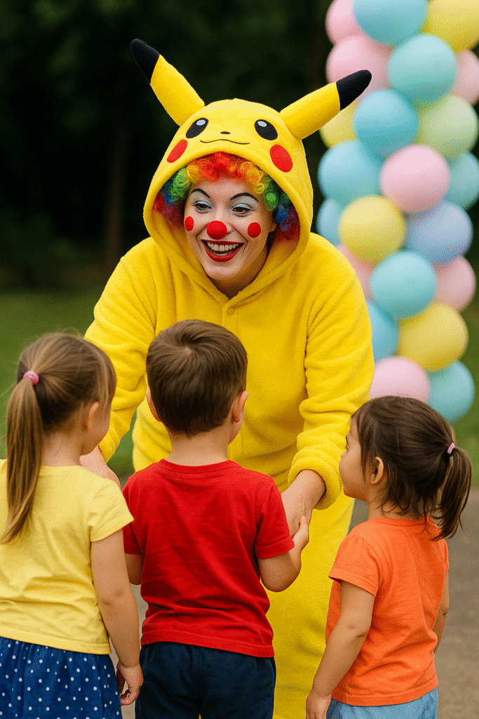 Pikaçu kostümlü palyaço çocuklarla etkinlikte Sarı Pikaçu kostümü giyen kadın palyaço, açık alanda üç çocukla oyun oynarken gülümsüyor; arka planda pastel renkli balon süslemeleri ve yeşil ağaçlar görülüyor.